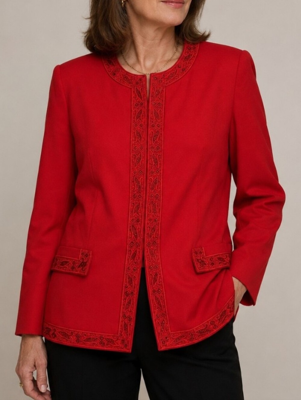 Emily...red clasp front beaded holiday mature modest blazer jacket size 16w